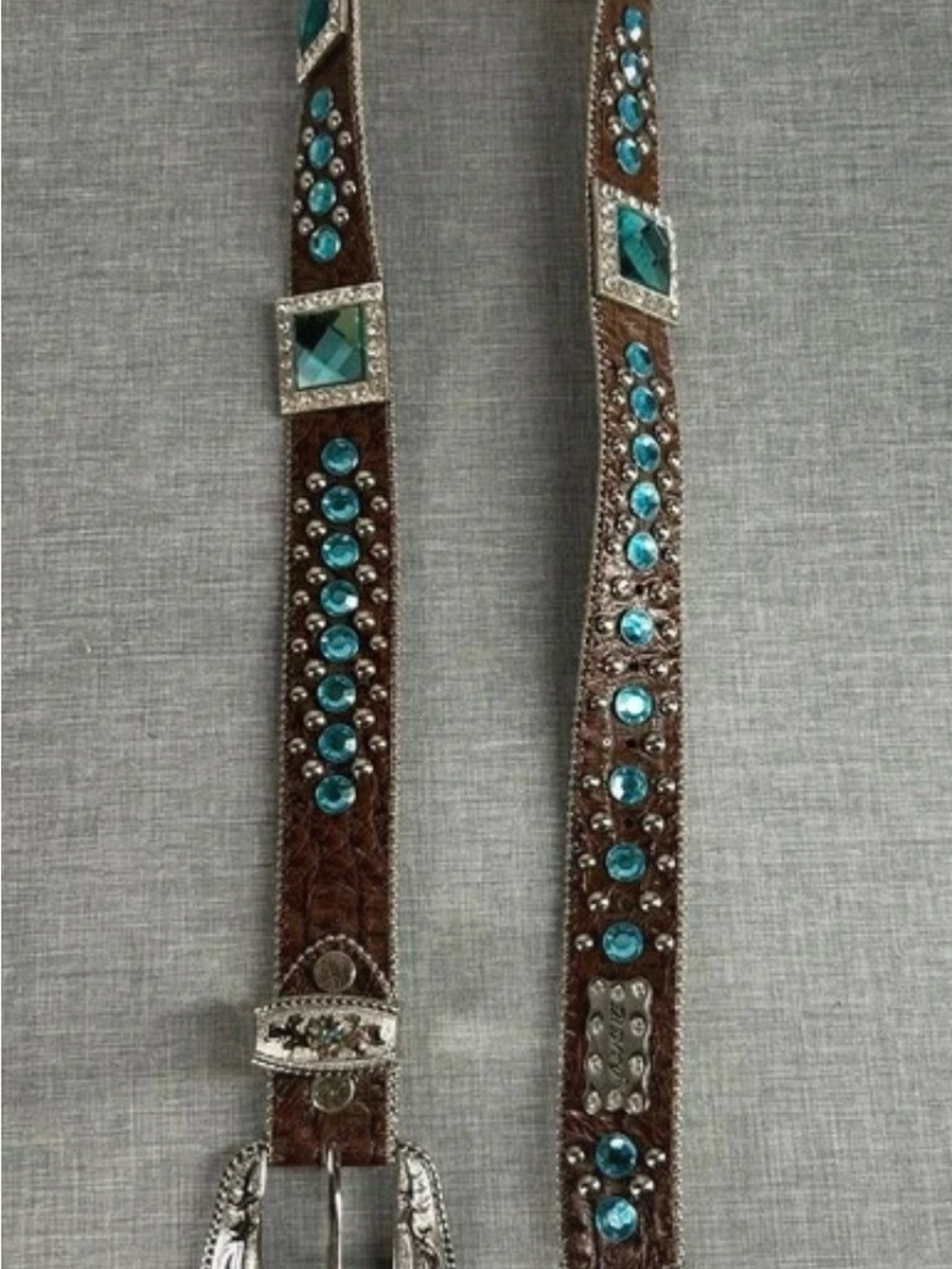 Brown Leather Western Belt with Turquoise Crystals